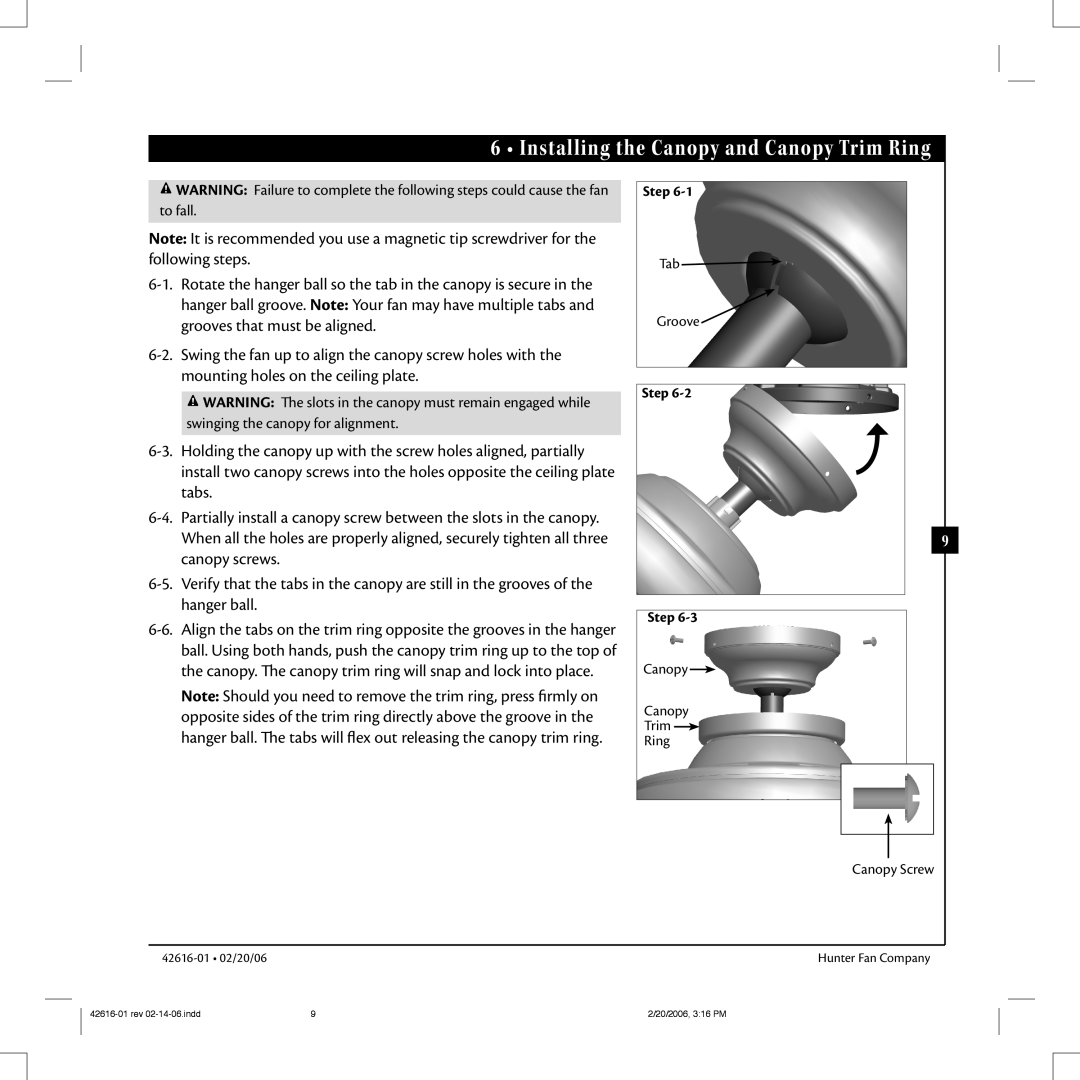 Hunter Fan 42616-01 warranty Installing the Canopy and Canopy Trim Ring, Step Step 