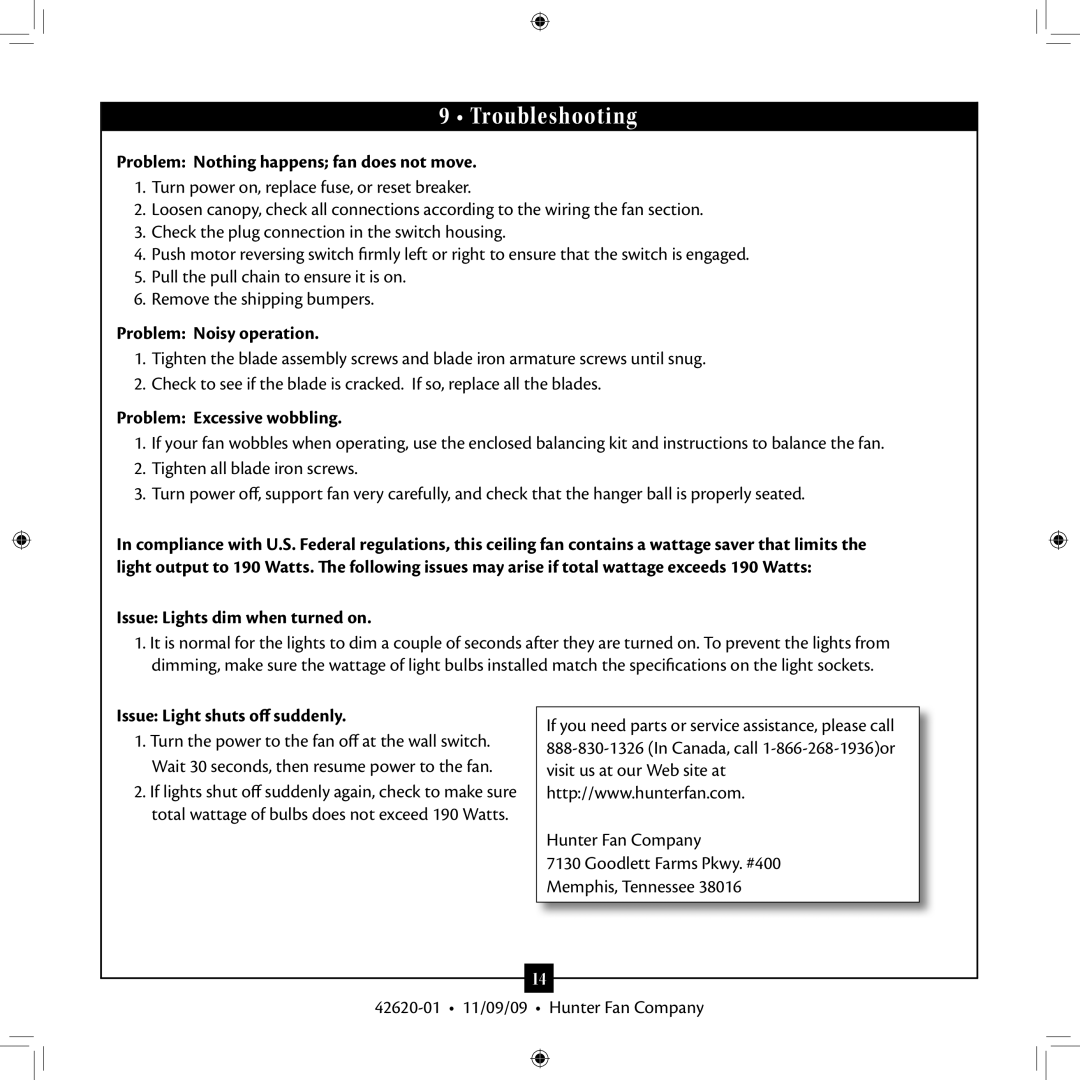 Hunter Fan 42620-01 installation manual Troubleshooting 