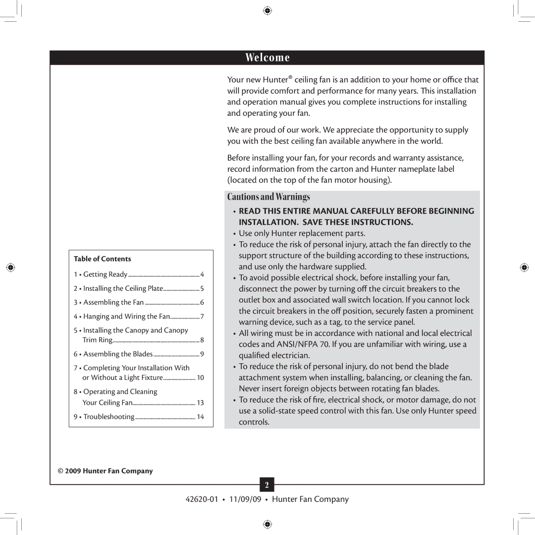 Hunter Fan 42620-01 installation manual Welcome 