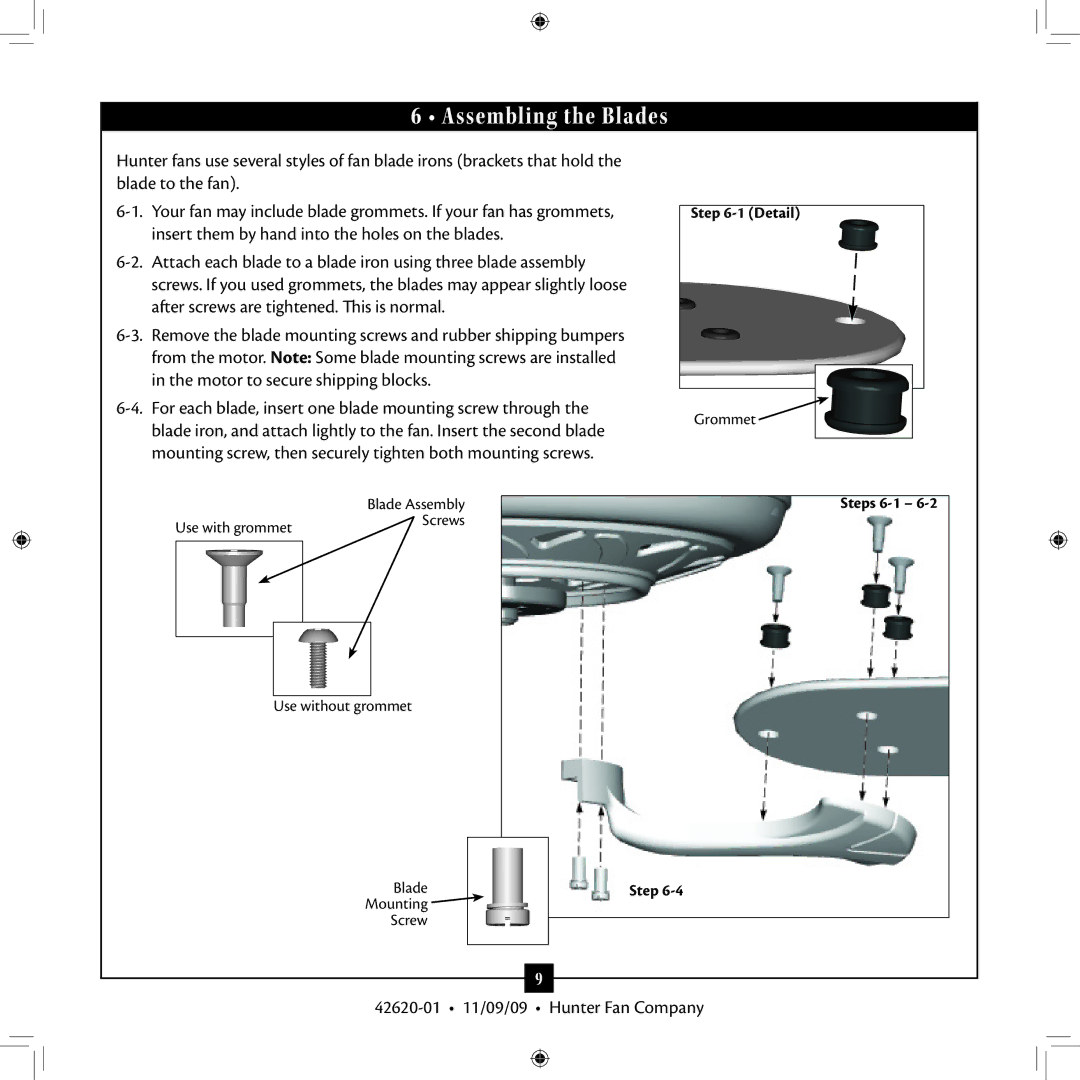 Hunter Fan 42620-01 installation manual Assembling the Blades 