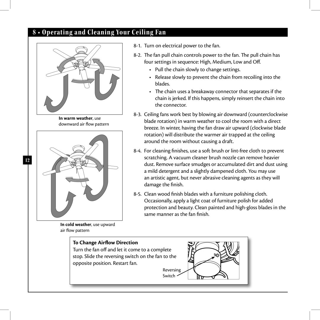 Hunter Fan 42625-01 warranty Operating and Cleaning Your Ceiling Fan, To Change Airflow Direction 
