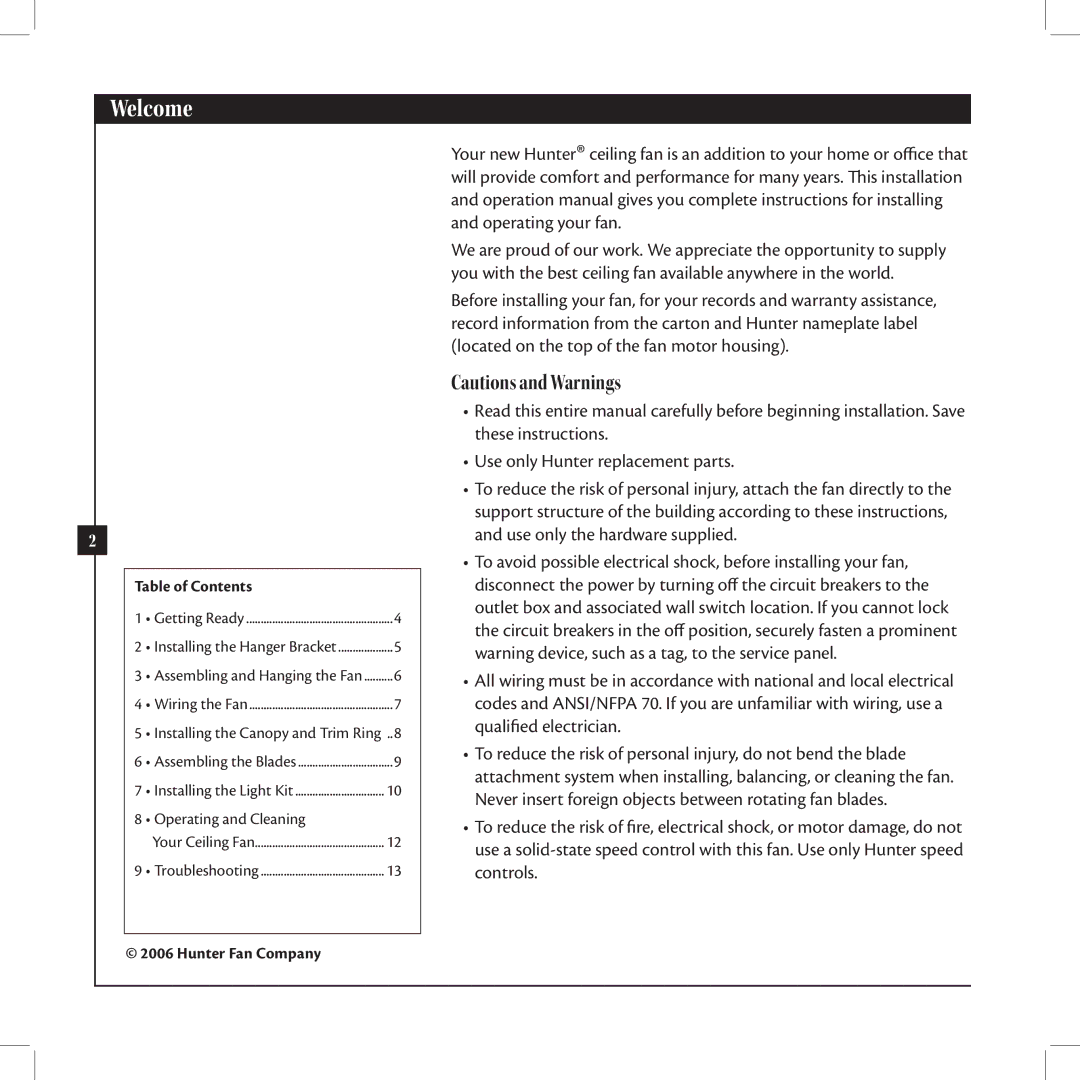 Hunter Fan 42625-01 warranty Welcome, Table of Contents 