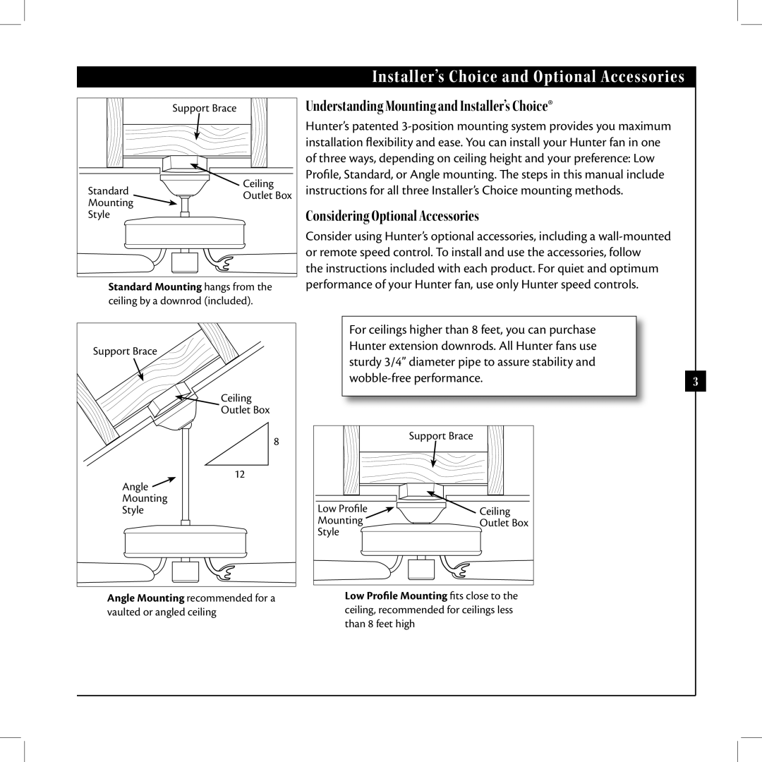 Hunter Fan 42625-01 warranty Installer’s Choice and Optional Accessories, Understanding Mounting and Installer’s Choice 