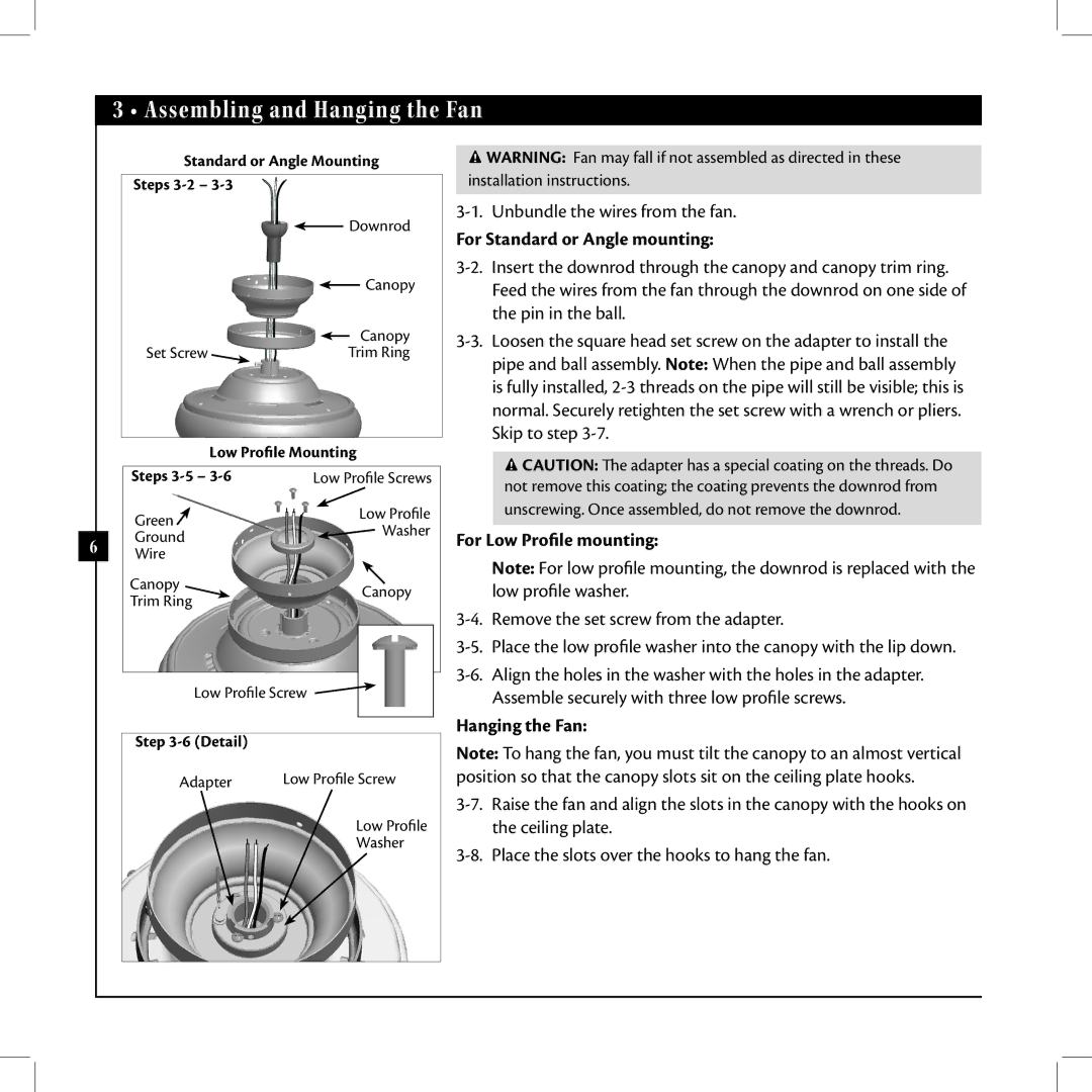 Hunter Fan 42625-01 warranty Assembling and Hanging the Fan, For Standard or Angle mounting, For Low Profile mounting 