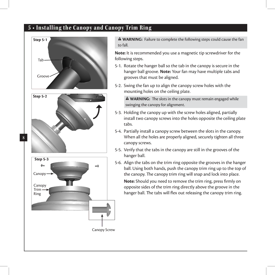 Hunter Fan 42625-01 warranty Installing the Canopy and Canopy Trim Ring 