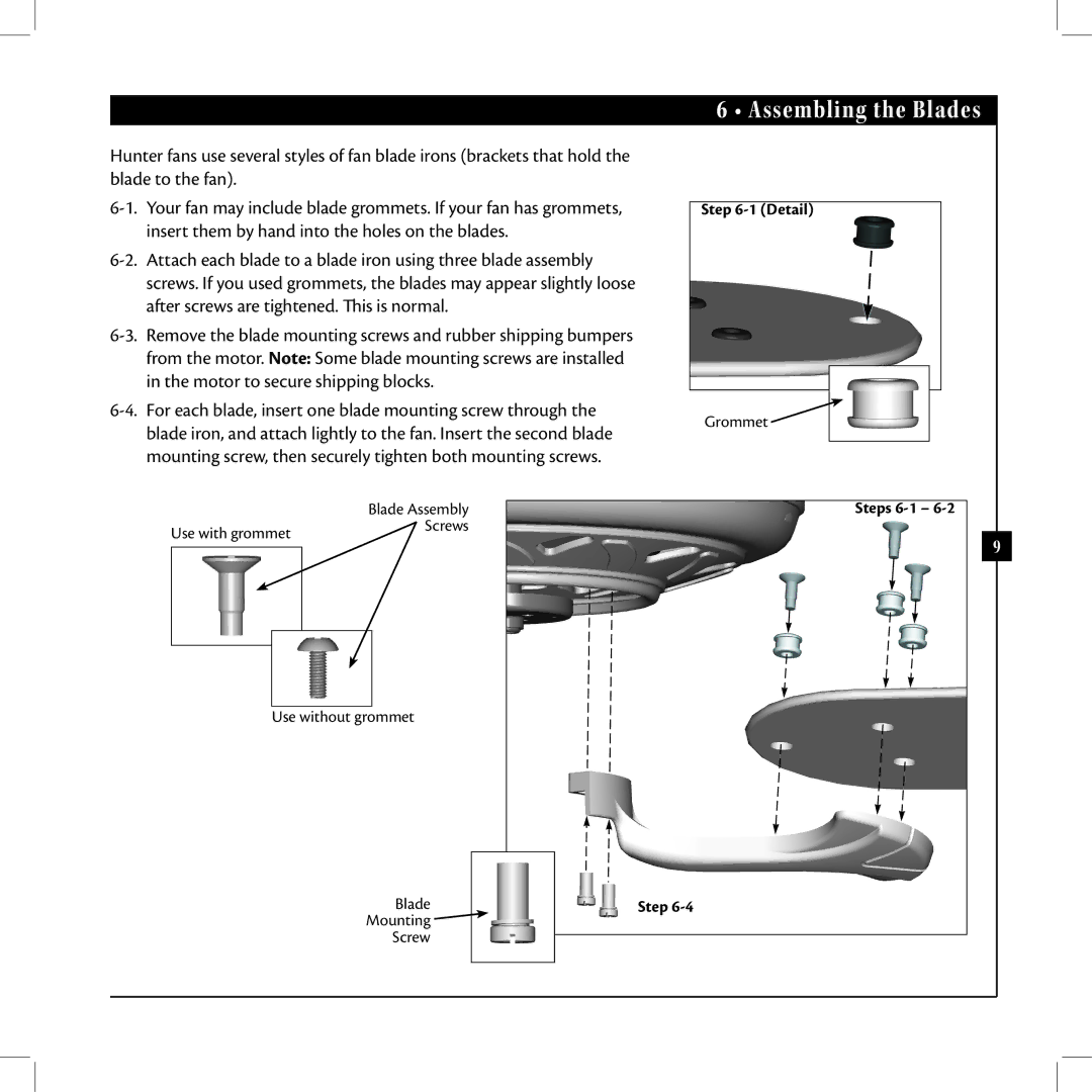 Hunter Fan 42625-01 warranty Assembling the Blades, Insert them by hand into the holes on the blades 