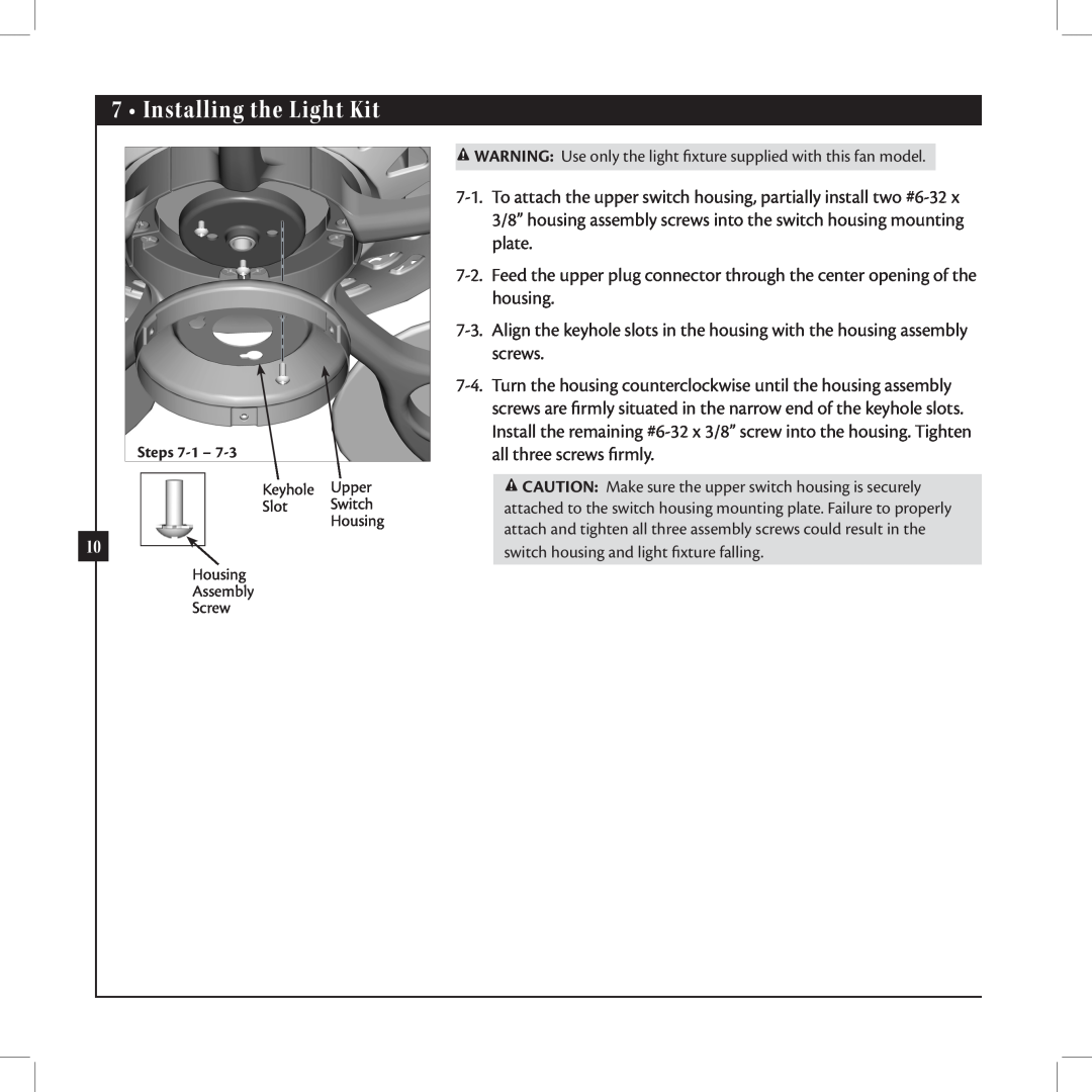 Hunter Fan 42625-01 warranty Installing the Light Kit, Steps 