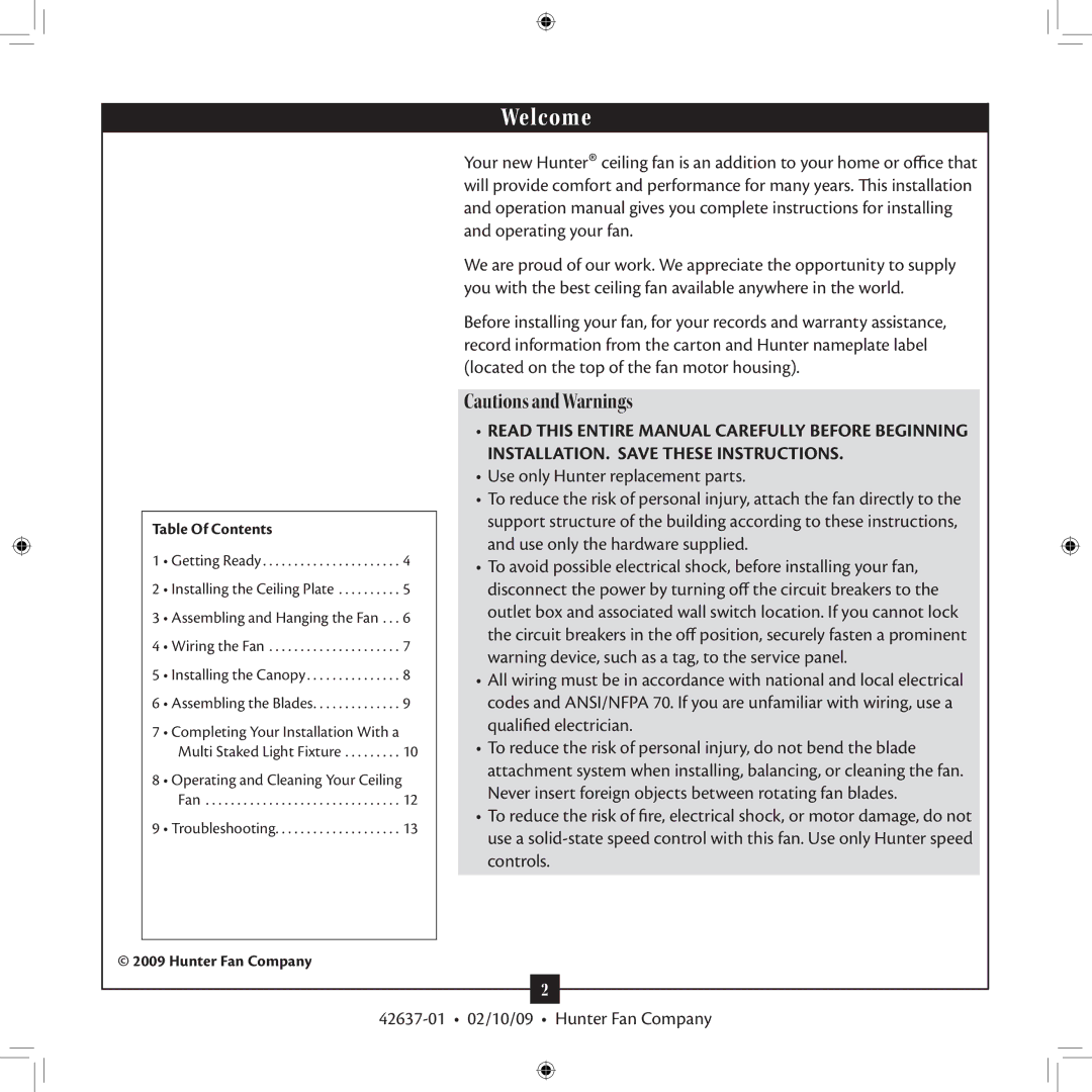 Hunter Fan 42637-01 installation manual Welcome 