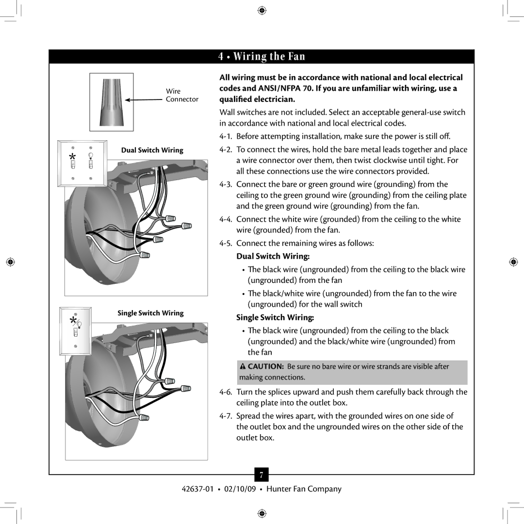 Hunter Fan 42637-01 installation manual Wiring the Fan, Dual Switch Wiring, Single Switch Wiring 