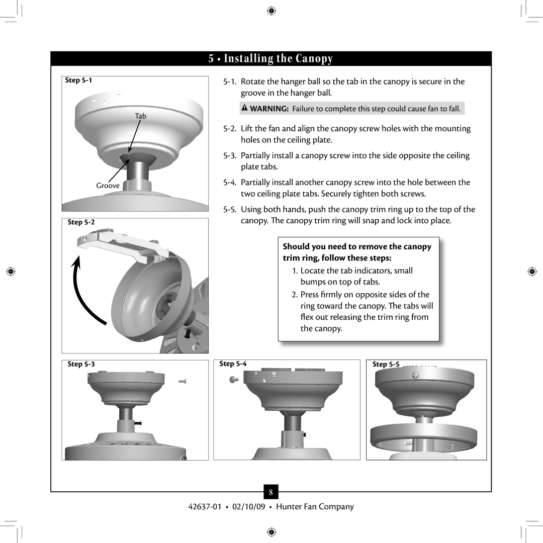 Hunter Fan 42637-01 installation manual Installing the Canopy 