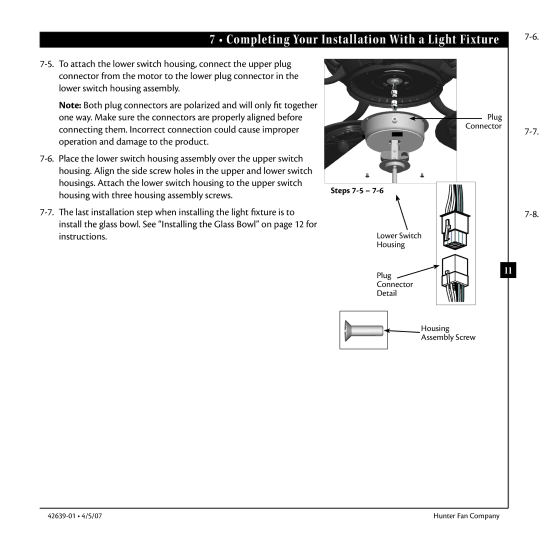 Hunter Fan 42639-01 warranty Connecting them. Incorrect connection could cause improper, Instructions, Steps 7-5 