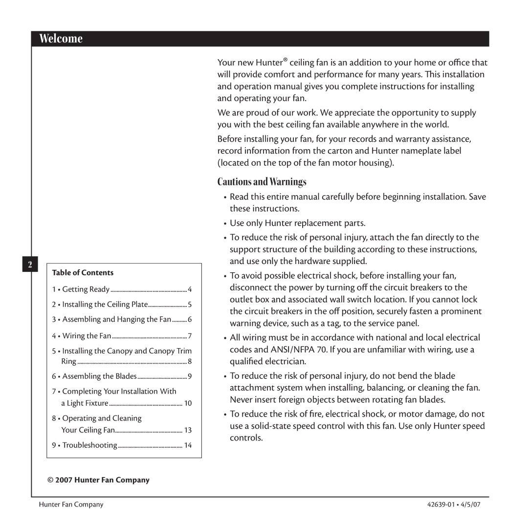 Hunter Fan 42639-01 warranty Welcome, Table of Contents, Hunter Fan Company 