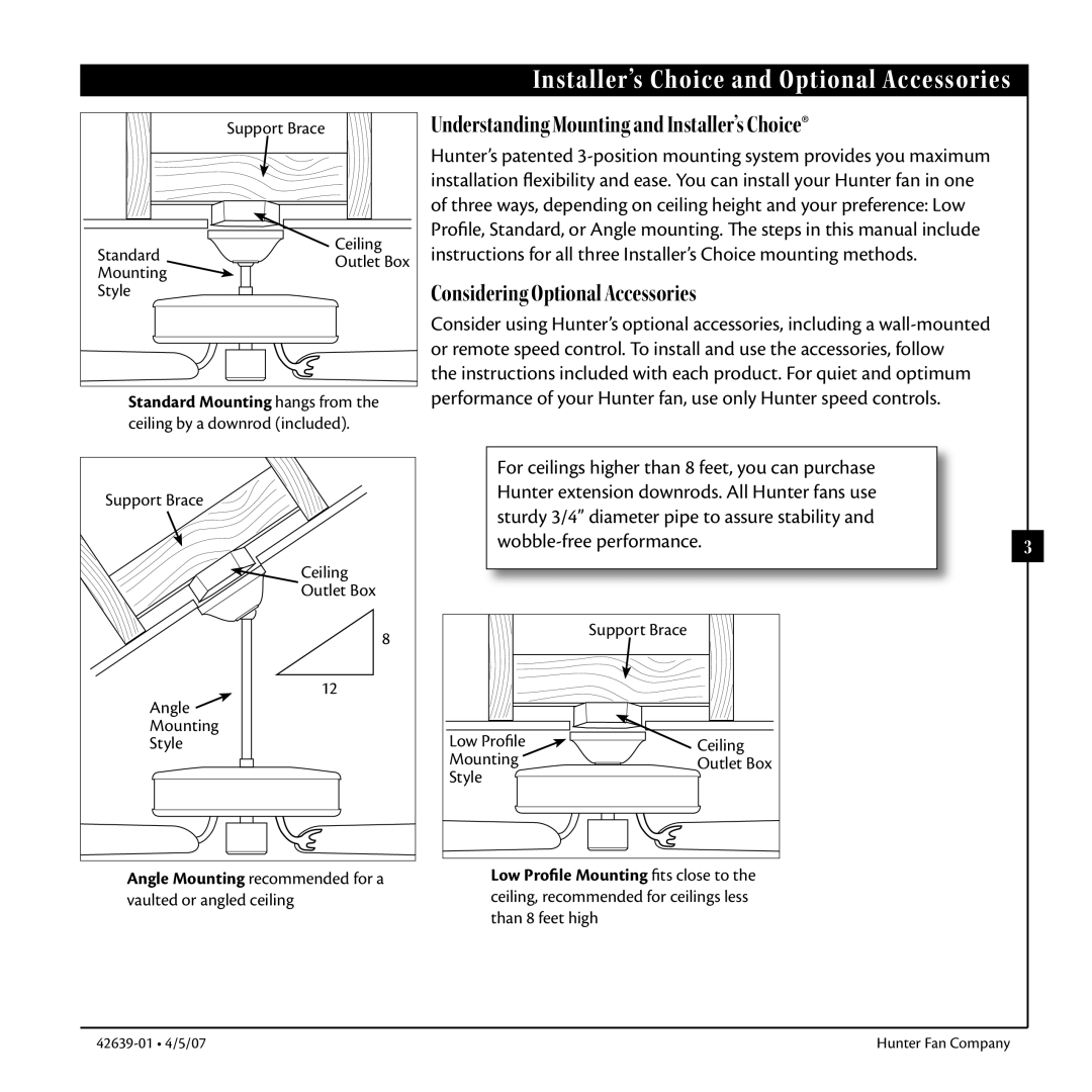 Hunter Fan 42639-01 warranty Installer’s Choice and Optional Accessories, Standard Mounting hangs from 