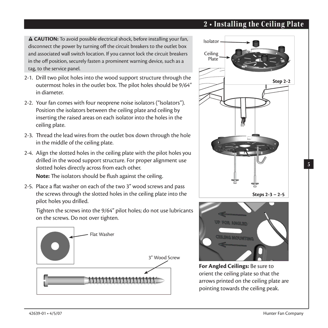 Hunter Fan 42639-01 warranty Installing the Ceiling Plate, Step 