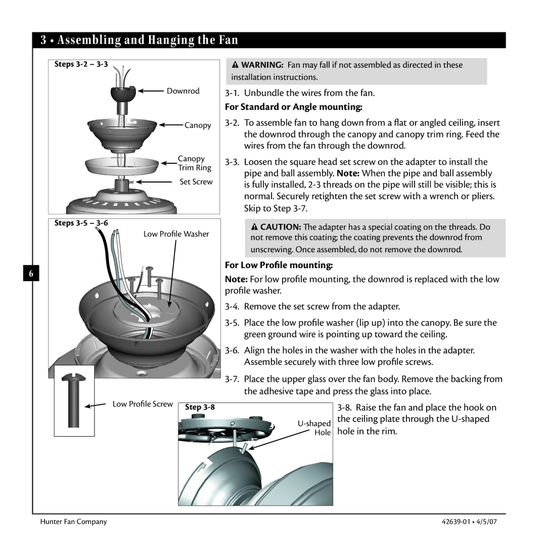 Hunter Fan 42639-01 warranty Assembling and Hanging the Fan, For Standard or Angle mounting, For Low Profile mounting 