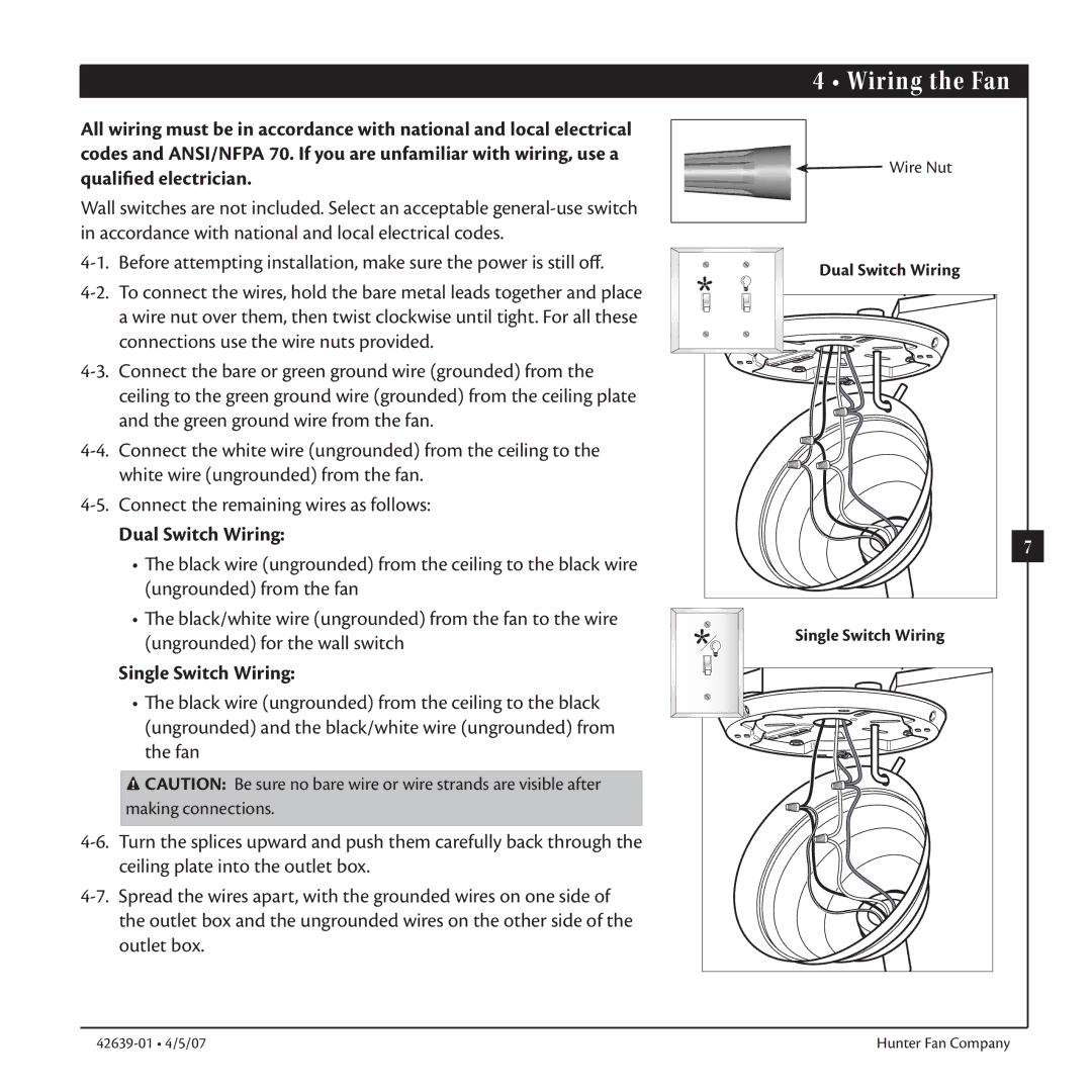 Hunter Fan 42639-01 warranty Wiring the Fanfsdfsdf, Dual Switch Wiring, Single Switch Wiring 