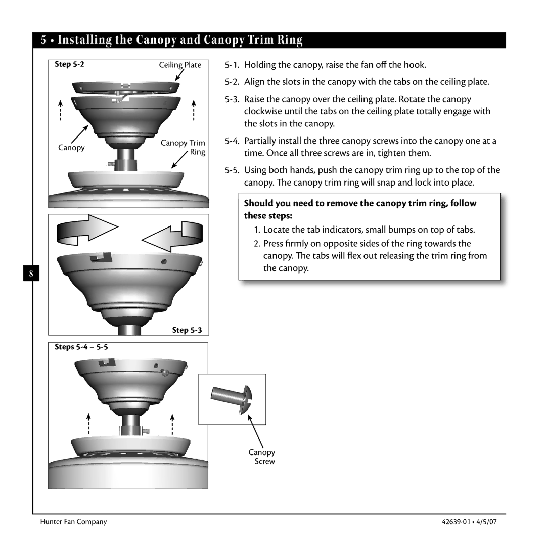 Hunter Fan 42639-01 warranty Installing the Canopy and Canopy Trim Ring, Step Steps 5-4 