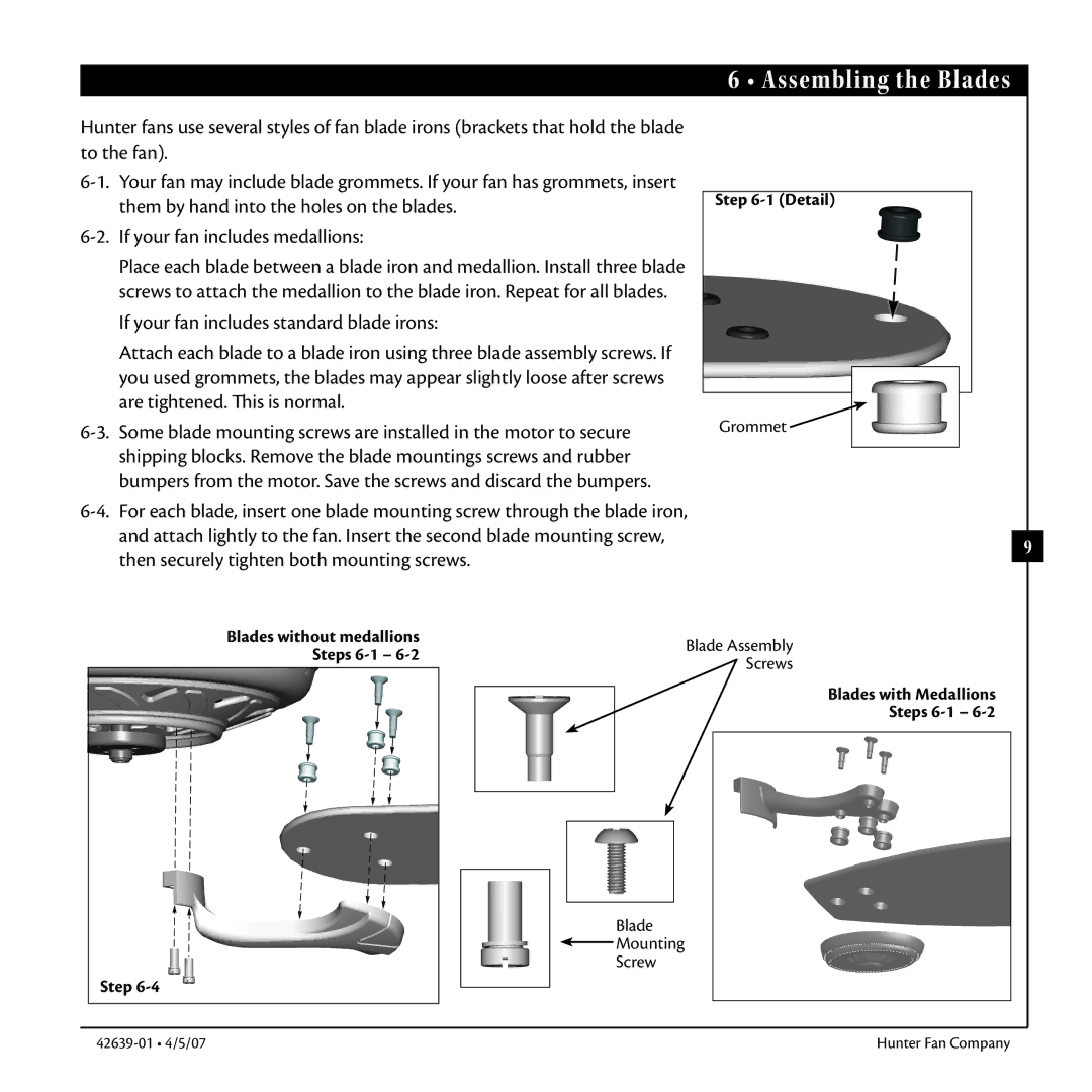 Hunter Fan 42639-01 warranty Assembling the Blades, Detail, Blades with Medallions Steps 6-1 