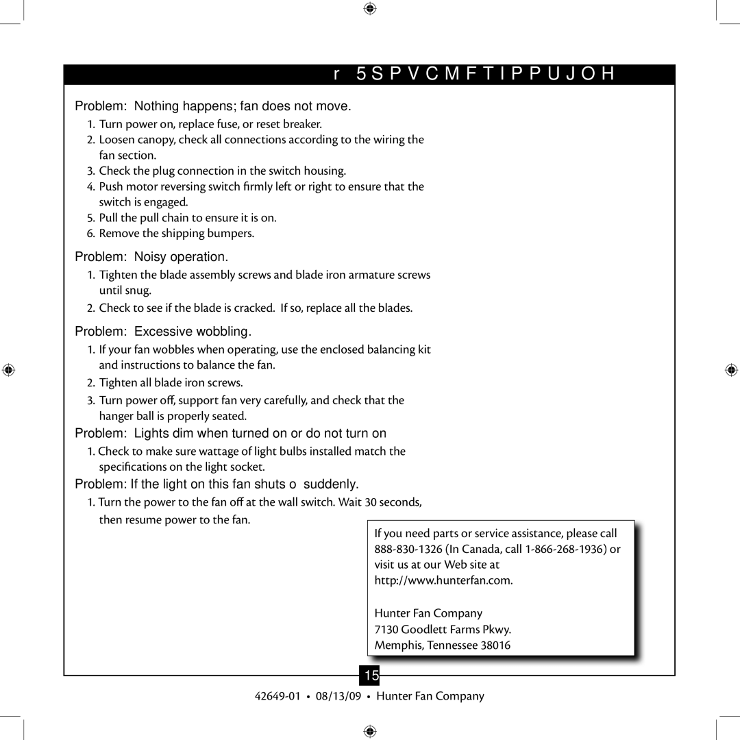 Hunter Fan 42649-01 installation manual Troubleshooting 