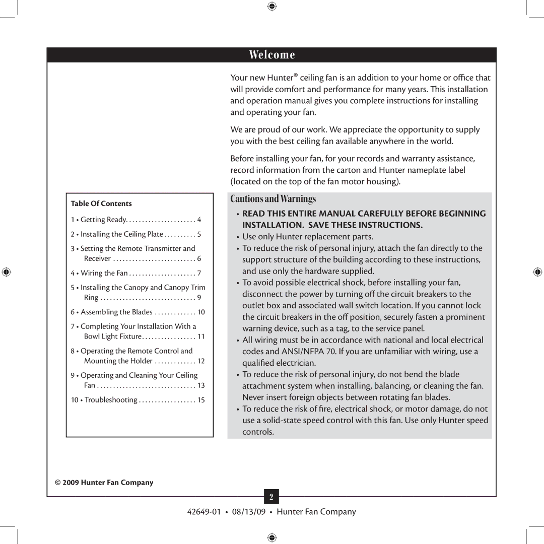 Hunter Fan 42649-01 installation manual Welcome 