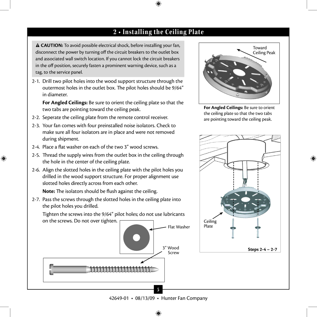 Hunter Fan 42649-01 installation manual Installing the Ceiling Plate, Flat Washer Wood Screw Toward Ceiling Peak 