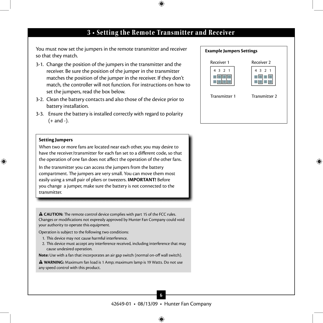 Hunter Fan 42649-01 installation manual Setting the Remote Transmitter and Receiver, Setting Jumpers 