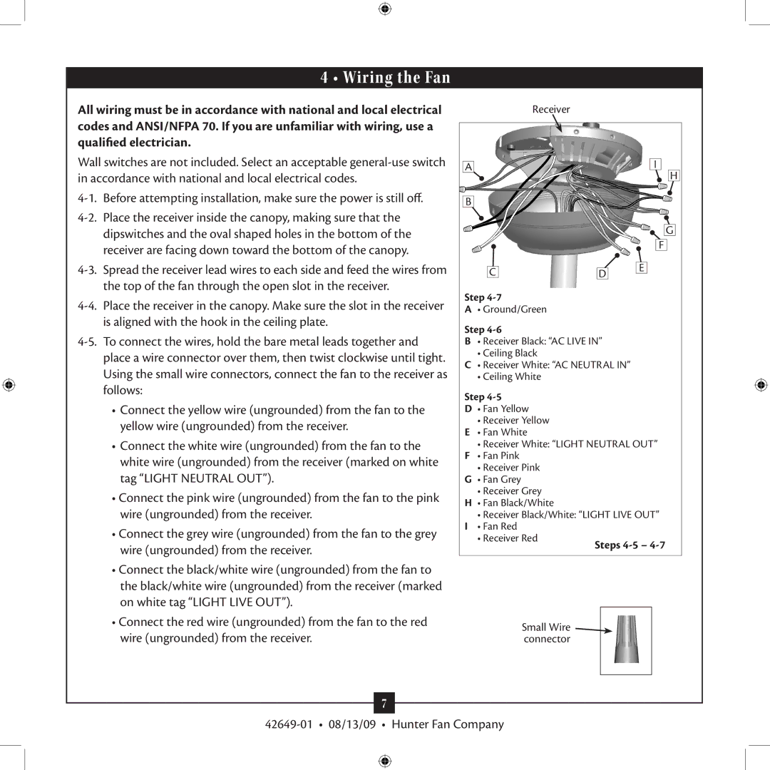 Hunter Fan 42649-01 installation manual Wiring the Fan 