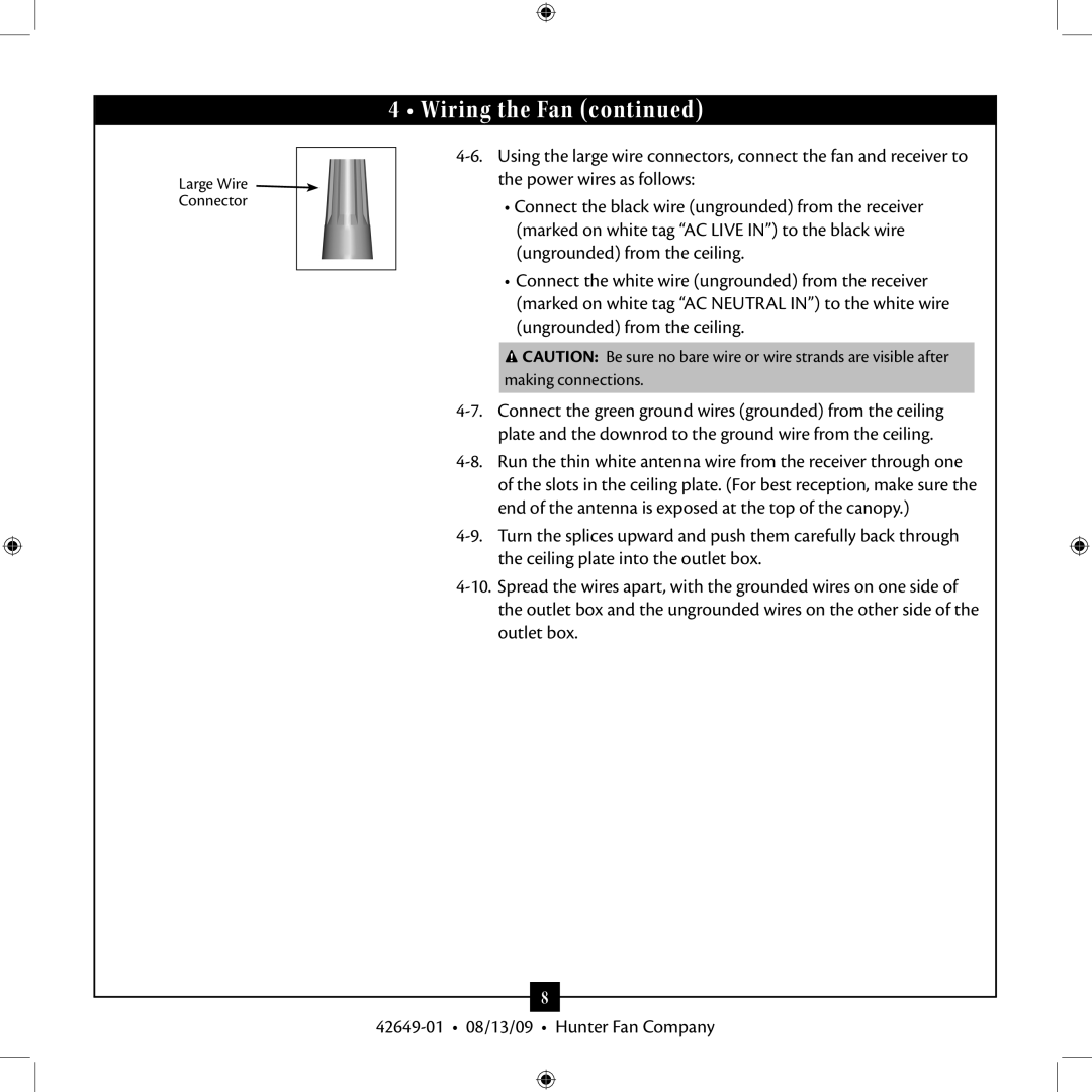 Hunter Fan 42649-01 installation manual Large Wire Connector 