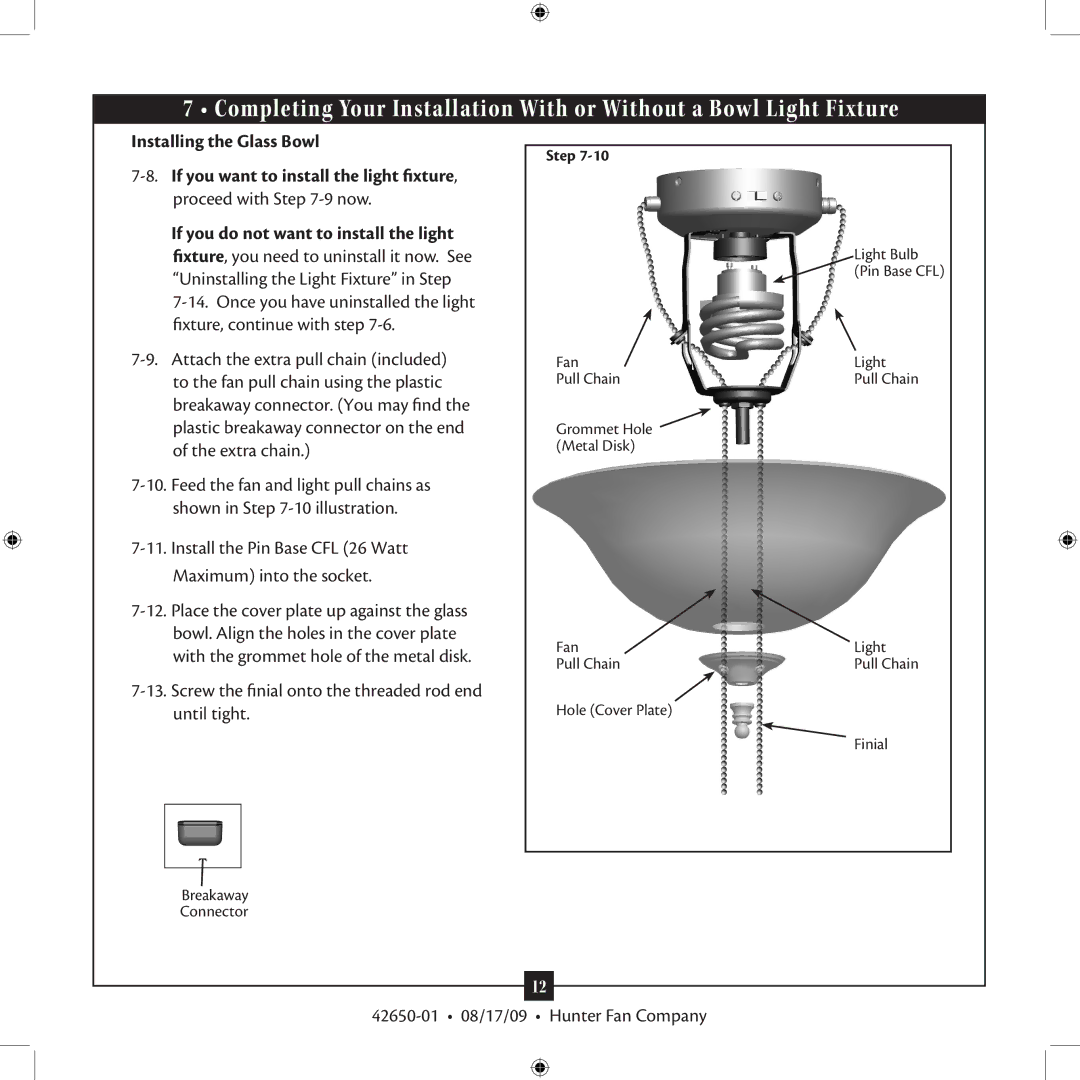 Hunter Fan 42650-01 installation manual Installing the Glass Bowl, Screw the finial onto the threaded rod end until tight 