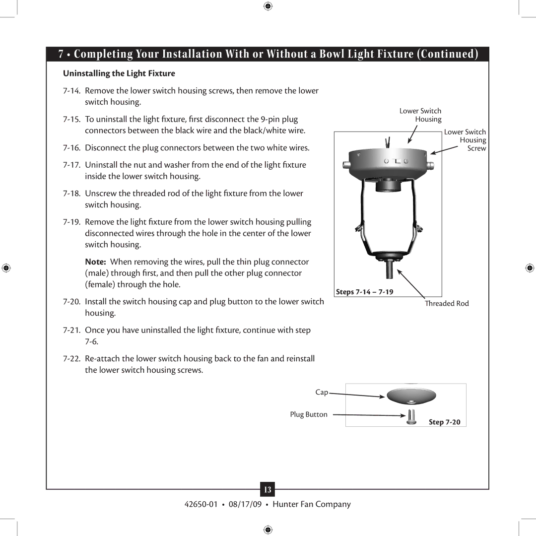 Hunter Fan 42650-01 installation manual Uninstalling the Light Fixture 