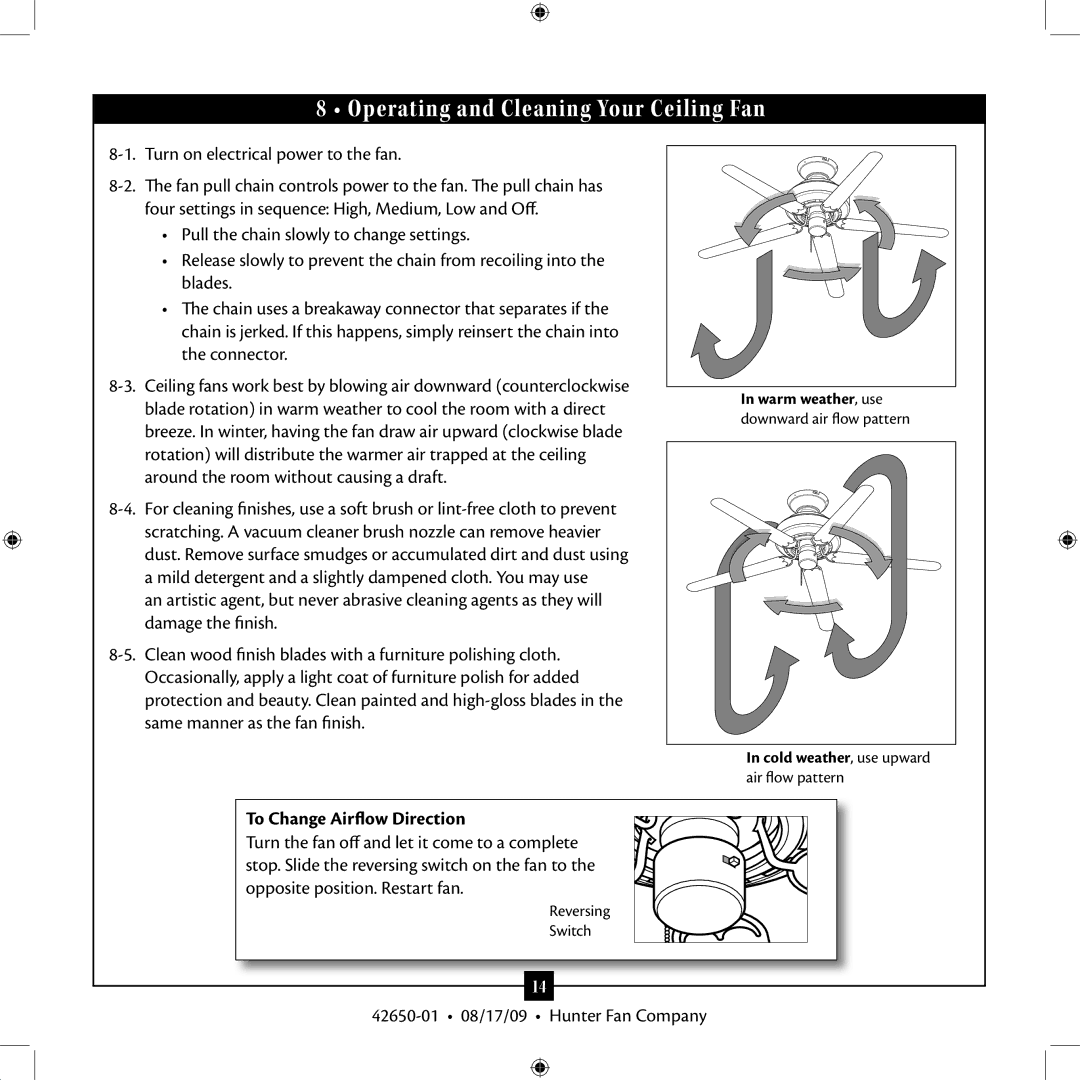 Hunter Fan 42650-01 installation manual Operating and Cleaning Your Ceiling Fan, To Change Airflow Direction 