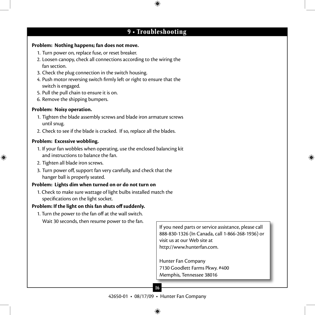 Hunter Fan 42650-01 installation manual Troubleshooting 