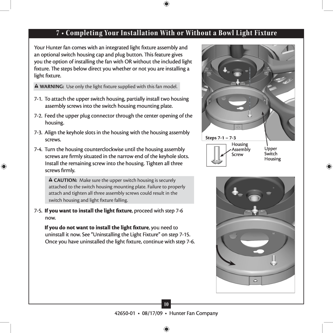 Hunter Fan installation manual 42650-01 08/17/09 Hunter Fan Company 