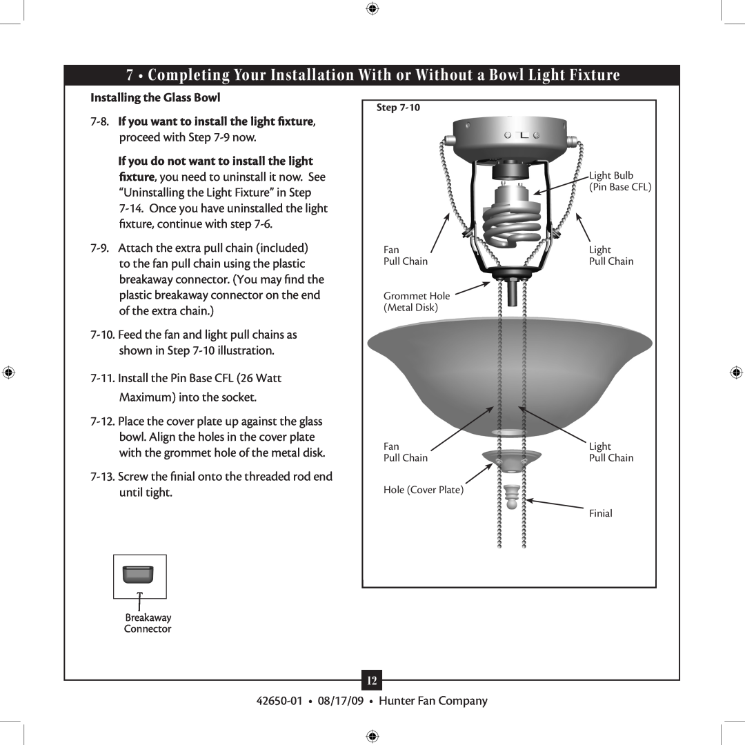 Hunter Fan 42650-01 installation manual Installing the Glass Bowl 
