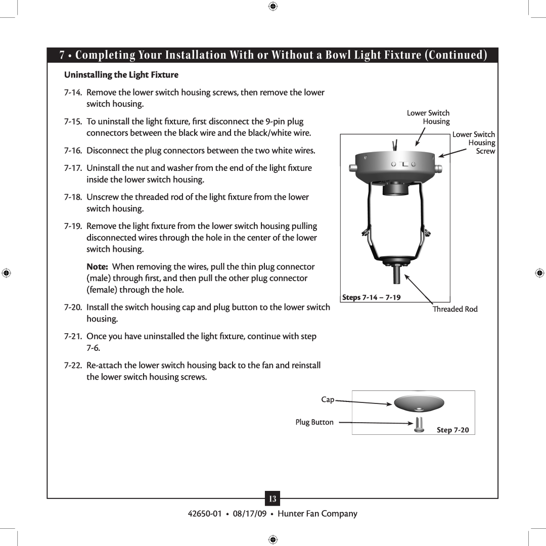 Hunter Fan 42650-01 installation manual Uninstalling the Light Fixture 