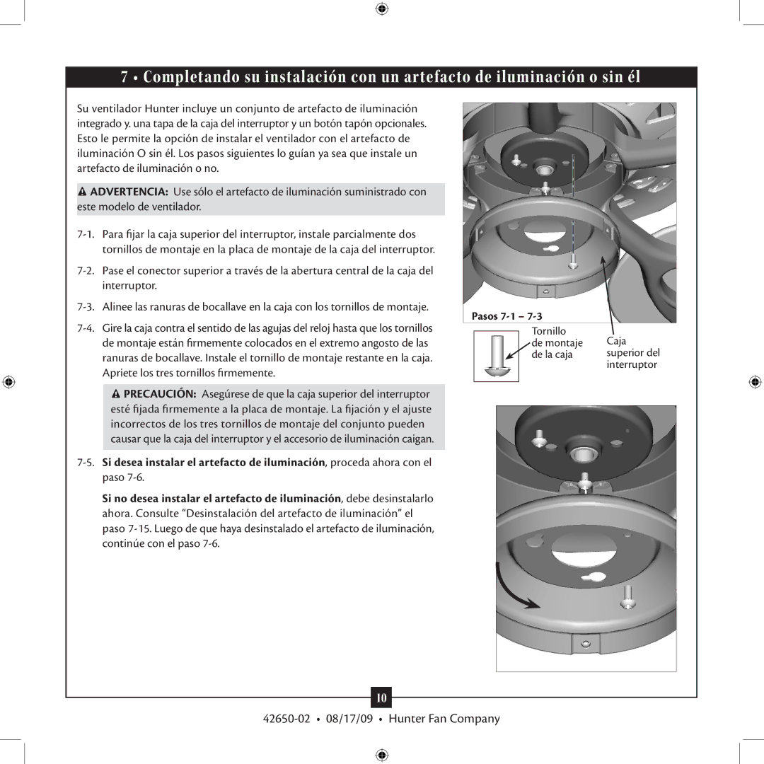 Hunter Fan 42650-02 manual Tornillo Caja De montaje De la caja Superior del Interruptor 