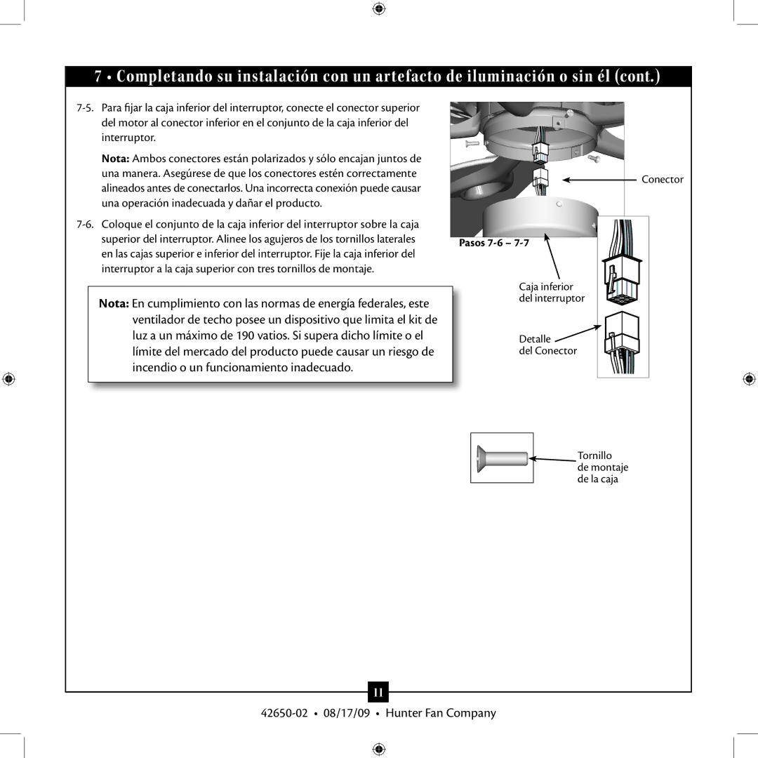 Hunter Fan 42650-02 manual Pasos 7-6 