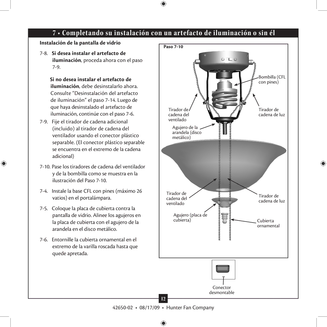 Hunter Fan 42650-02 manual Instalación de la pantalla de vidrio 