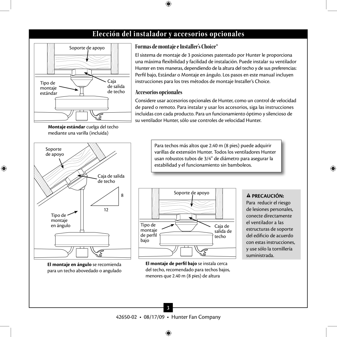 Hunter Fan 42650-02 manual Formas de montaje e Installer’s Choice, Accesorios opcionales 