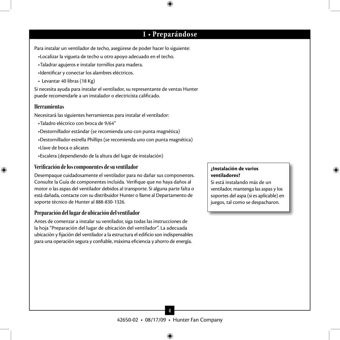 Hunter Fan 42650-02 manual Preparándose, Herramientas, Verificación de los componentes de su ventilador 