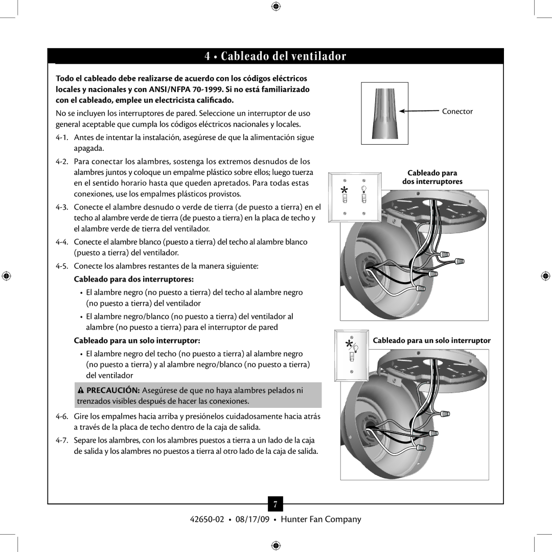 Hunter Fan 42650-02 manual Cableado del ventilador, Cableado para dos interruptores, Cableado para un solo interruptor 