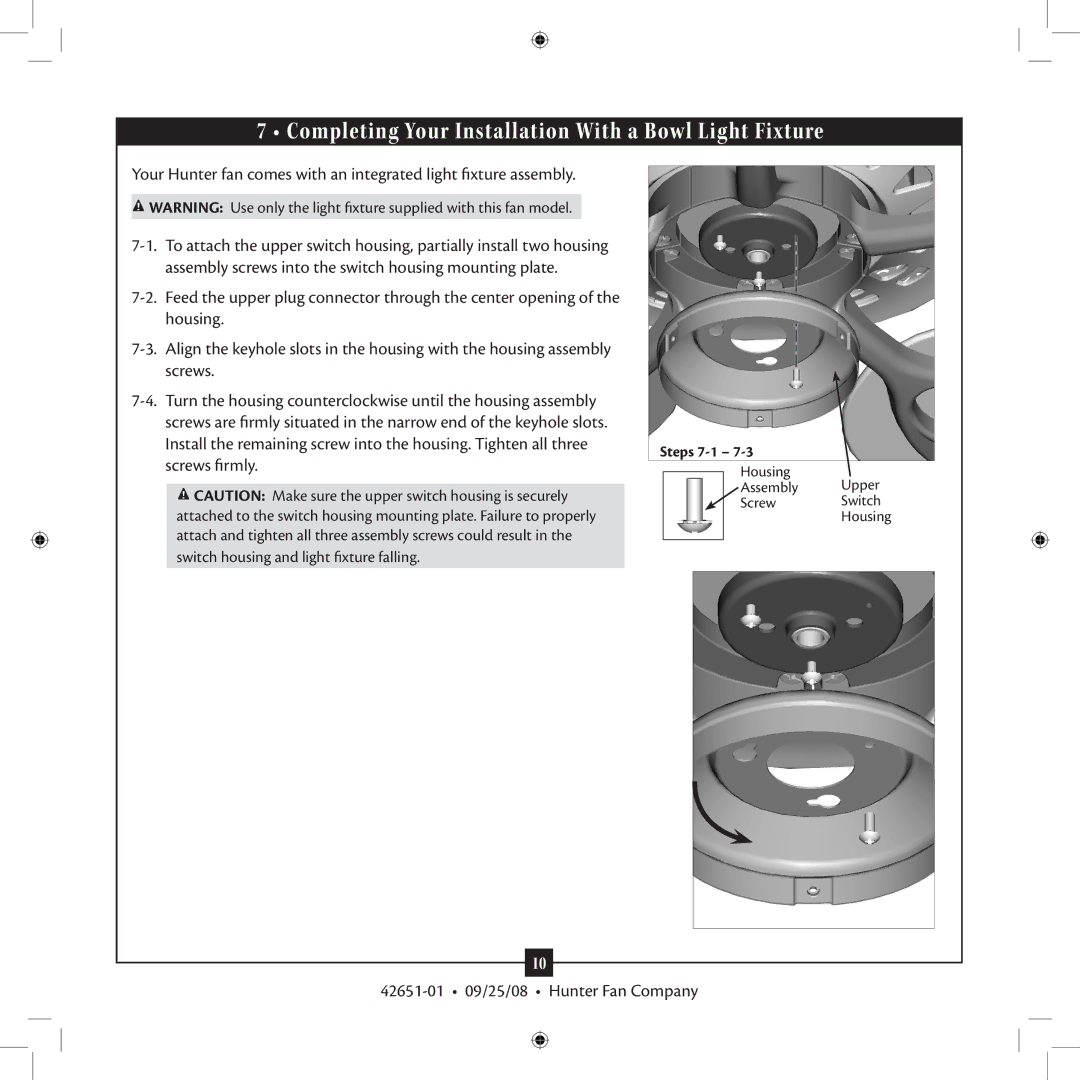 Hunter Fan 42651-01 installation manual Completing Your Installation With a Bowl Light Fixture 