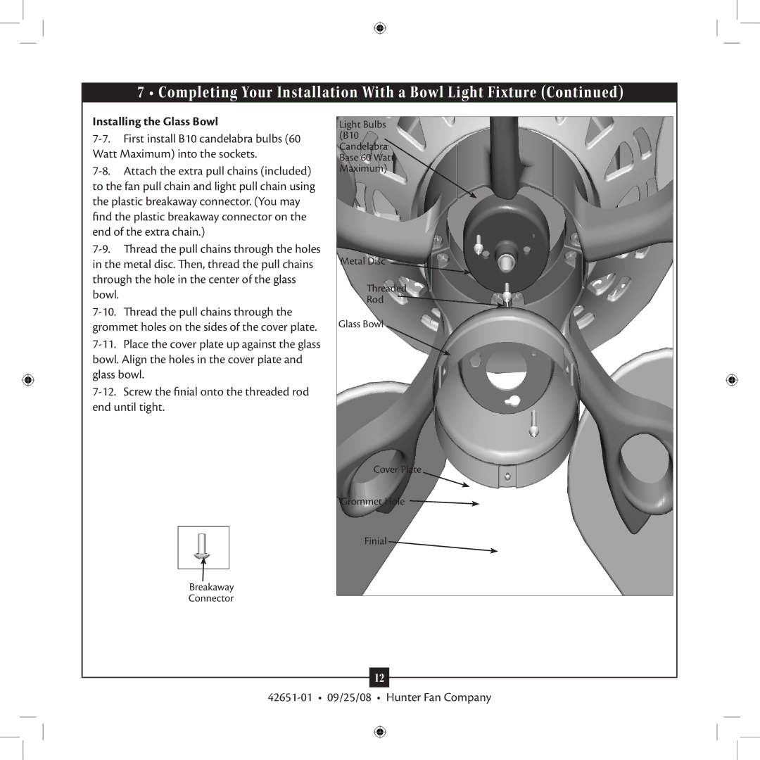 Hunter Fan 42651-01 installation manual Installing the Glass Bowl 