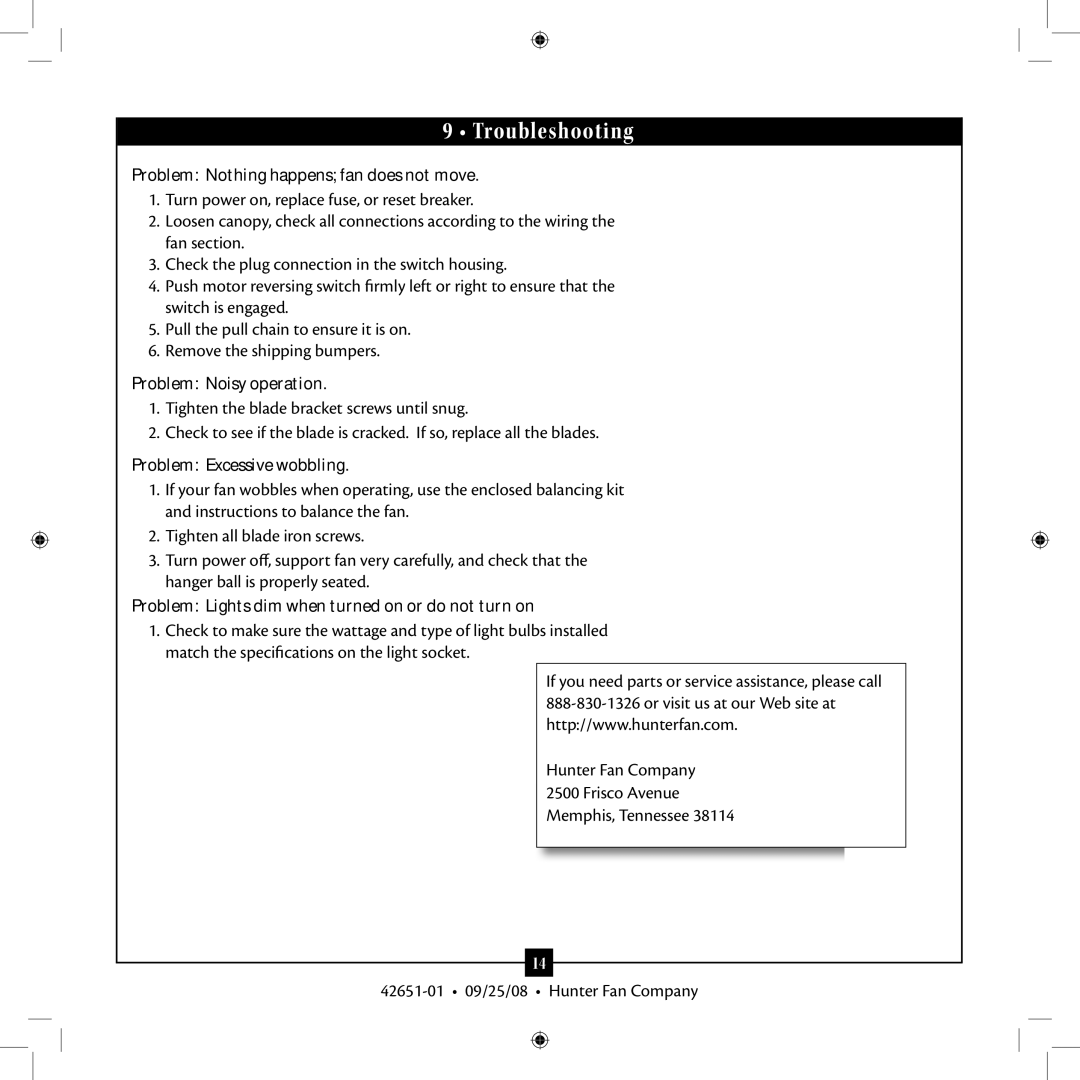 Hunter Fan 42651-01 installation manual Troubleshooting, Problem Nothing happens fan does not move, Problem Noisy operation 