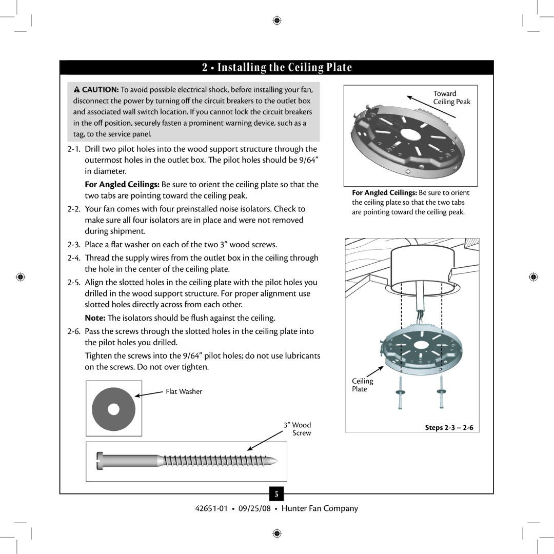 Hunter Fan 42651-01 installation manual Installing the Ceiling Plate, Flat Washer Wood Screw Toward Ceiling Peak 