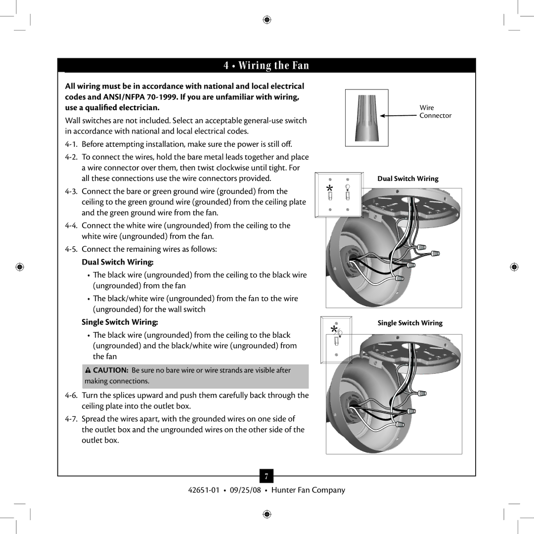 Hunter Fan 42651-01 installation manual Wiring the Fan, Dual Switch Wiring, Single Switch Wiring 