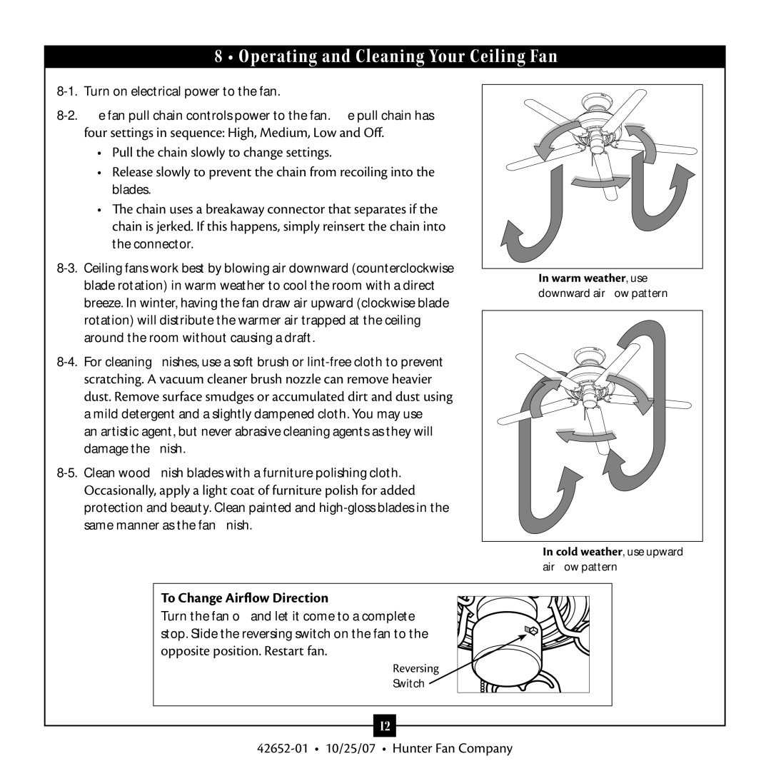 Hunter Fan 42652-01 warranty Operating and Cleaning Your Ceiling Fan, To Change Airflow Direction 