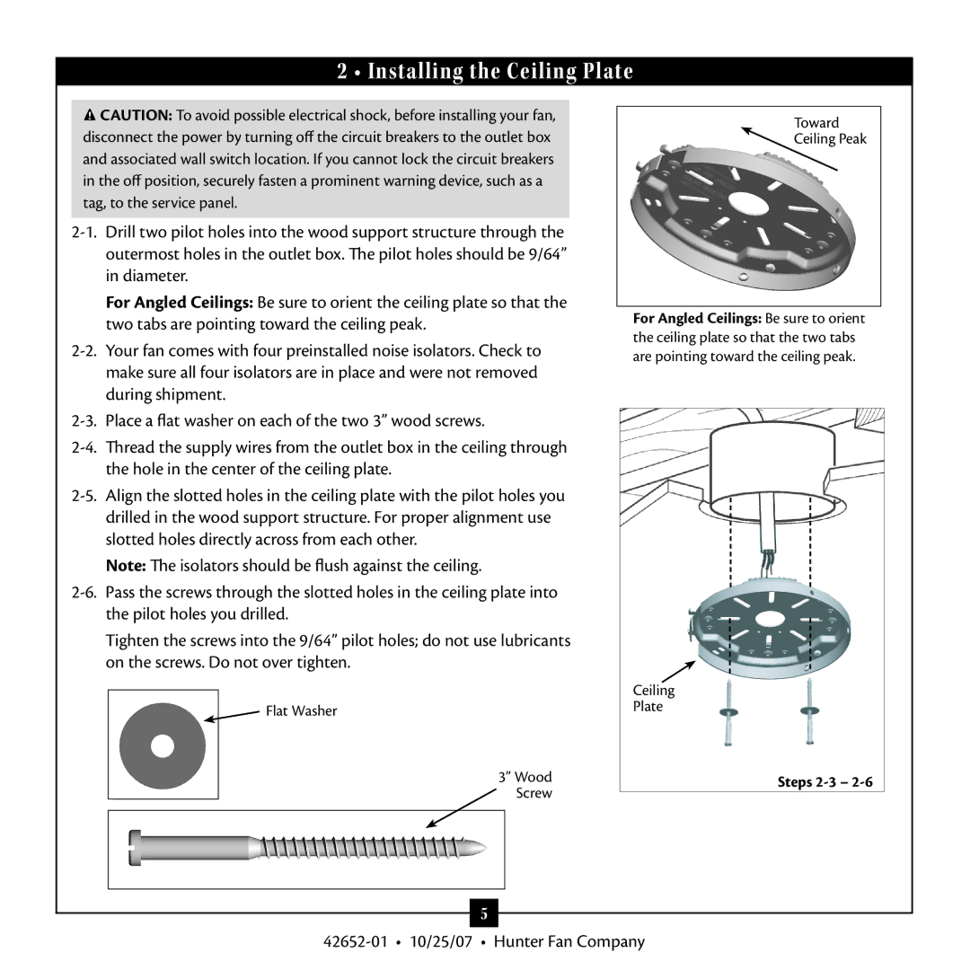 Hunter Fan 42652-01 warranty Installing the Ceiling Plate, Flat Washer Wood Screw Toward Ceiling Peak 