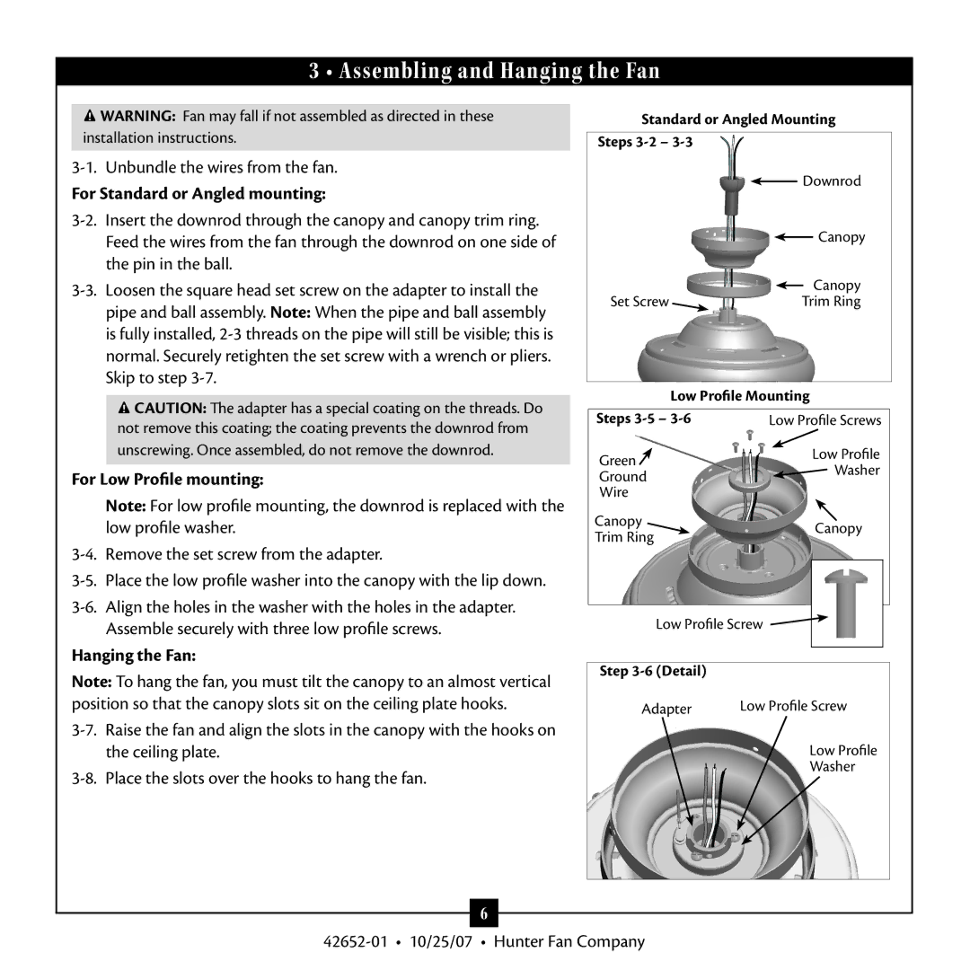 Hunter Fan 42652-01 warranty Assembling and Hanging the Fan, For Standard or Angled mounting, For Low Profile mounting 