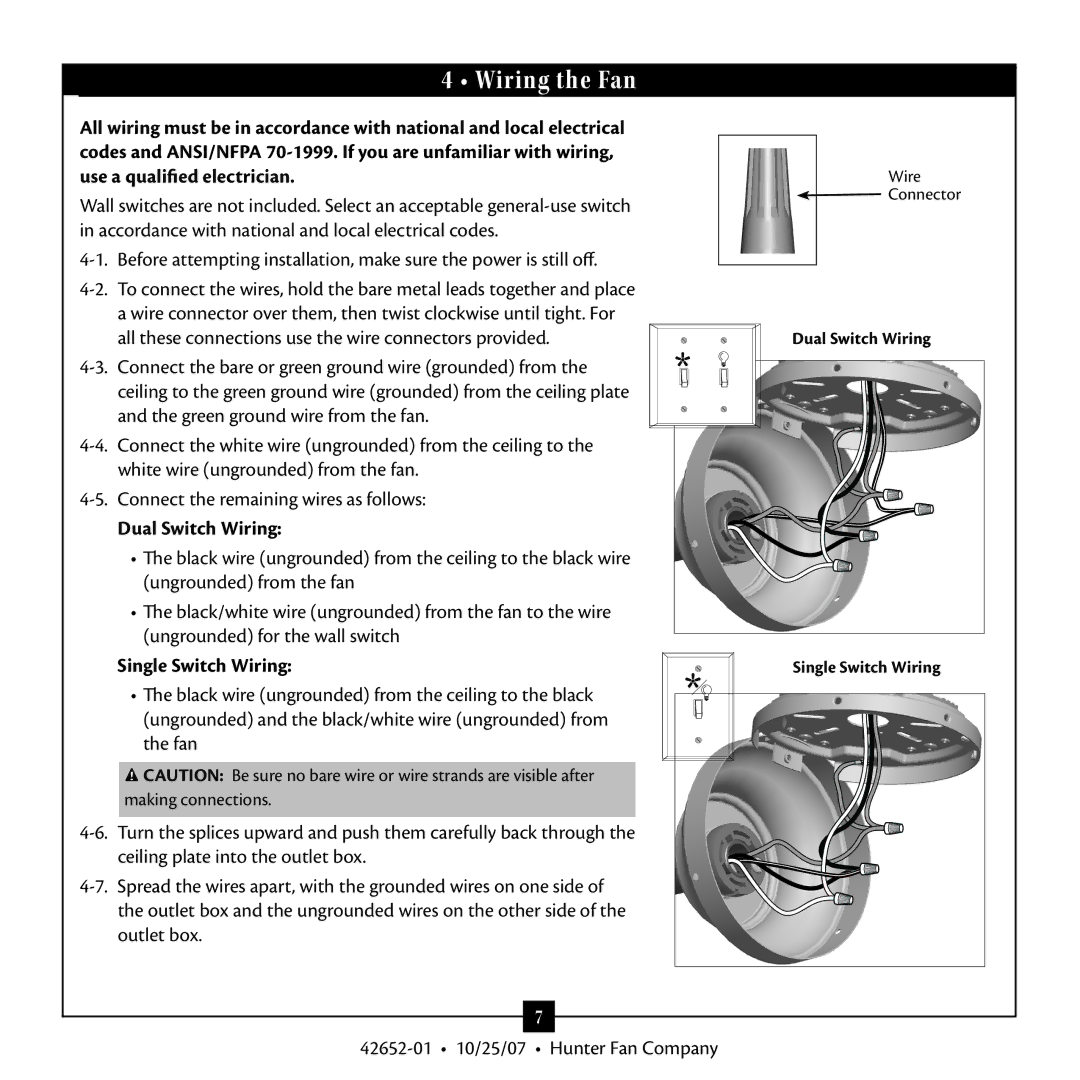 Hunter Fan 42652-01 warranty Wiring the Fan, Dual Switch Wiring, Single Switch Wiring 